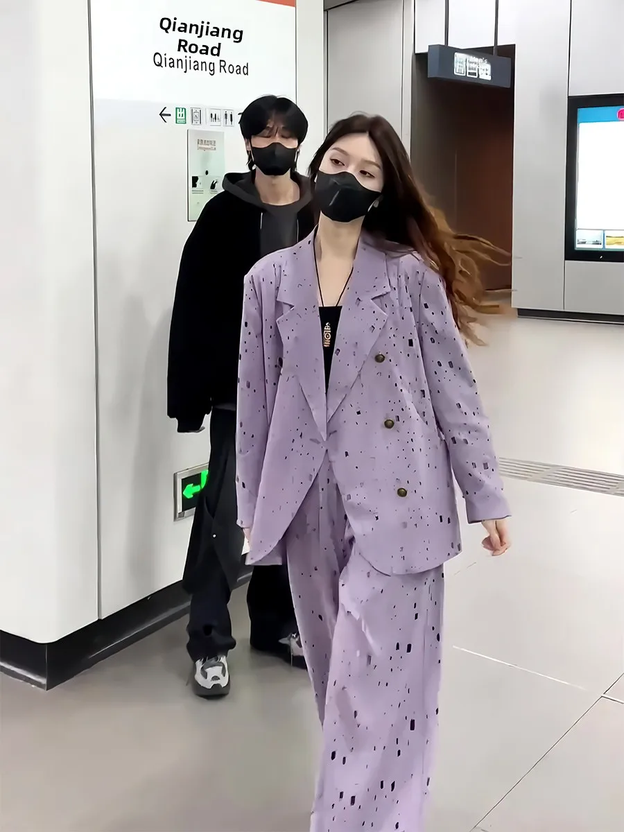 Faionable, pantalones de pierna ancha de cintura alta, traje largo para mujer, conjunto de dos piezas con Jaet de diamante calado, recién llegado de primavera