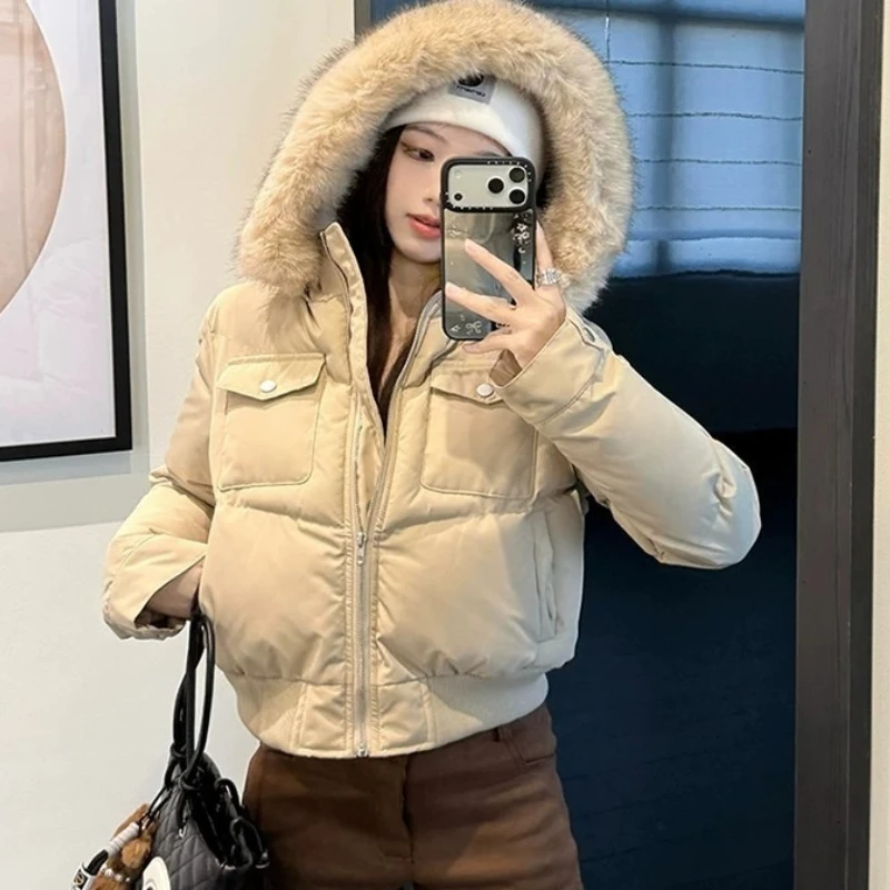 Women Parkas Vintage Removable Fur Collar Hooded Down Cotton Jacket Winter Coat Pocket Zipper Overcome Padded Outerwear Female