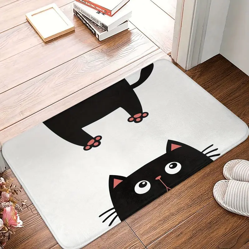 VIKAMA Peeking Black Kitty Funny Cartoon Welcome Mat Grip Backed Floor Covering Cute Animal Carpet Space Decor Bedroom Accent