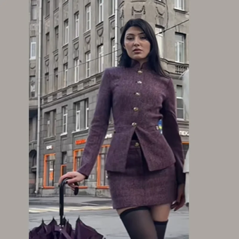 

Women Elegant Short Set Shoulder Straight Solid Color Long Sleeves Top Slim Fit Skirt 2025 New Lady Vintage High Street Outwear