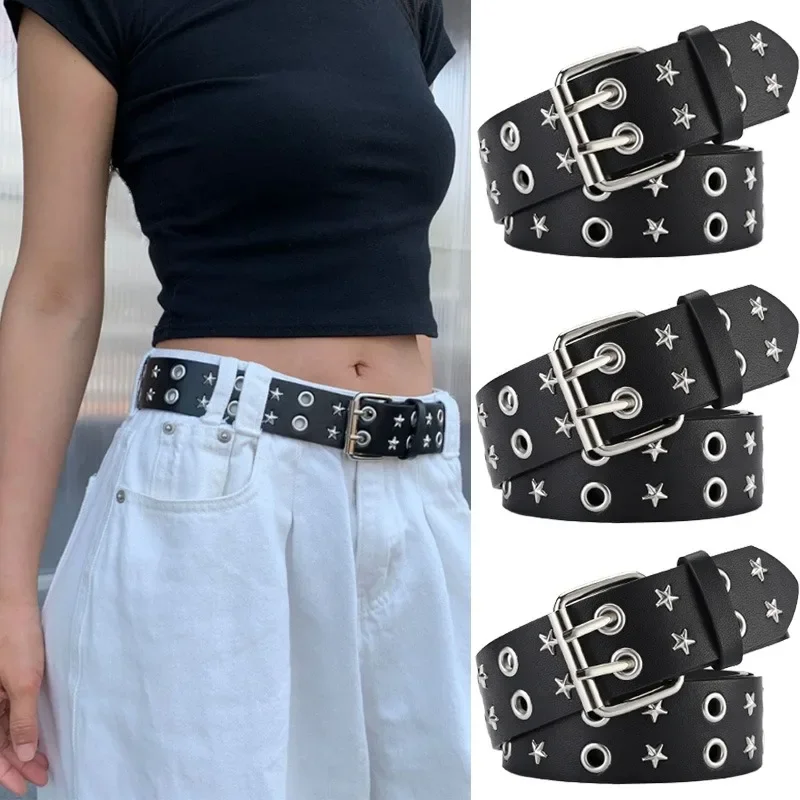 2024 New European and American Style Personality Trend Punk Style Dual Exhaust Eye Belt Star Style Unisex PU Leather Pants Belt