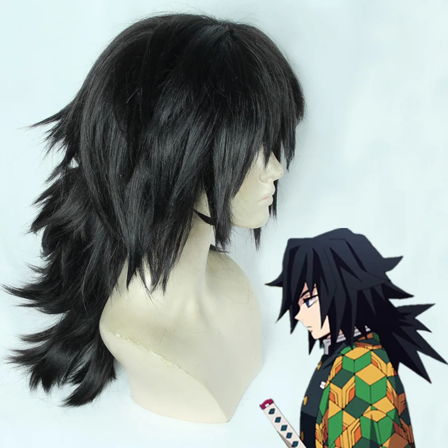 Tomioka Giyuu Cosplay Wig Black Clip Ponytail Heat Resistant Synthetic Hair Anime Wigs + Wig Cap