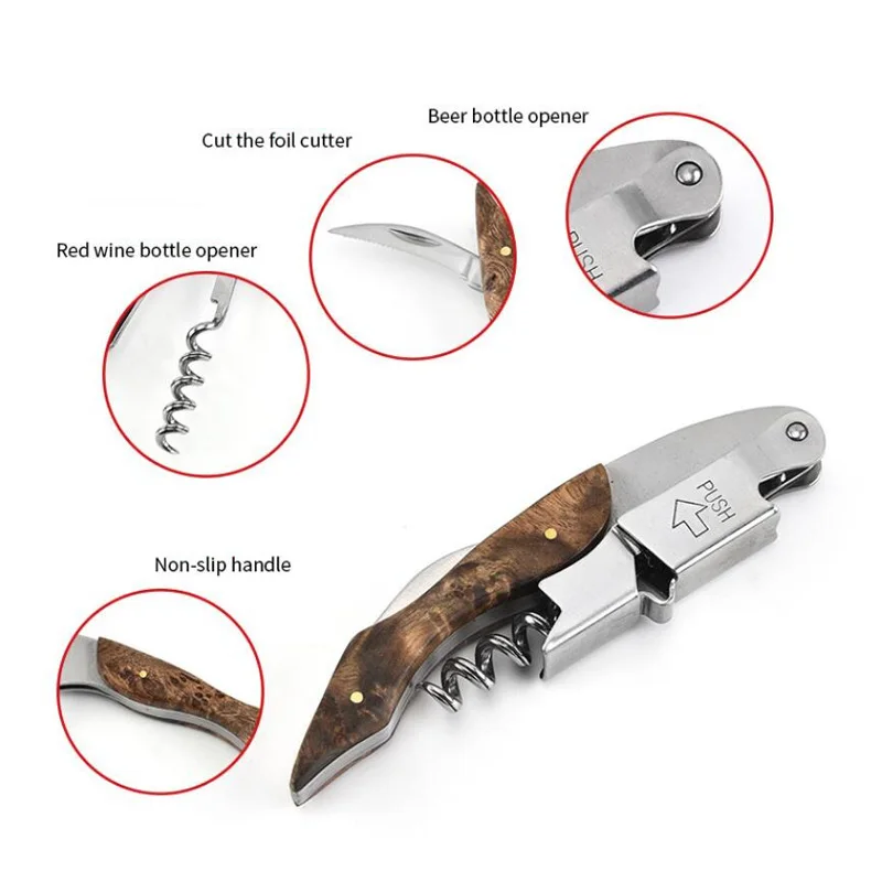 50Pcs/Lot Professional Red Wine Opener Wood Handle Multifunction Portable Screw Corkscrew Kitchen Tools Wine Beer Bottle Opener