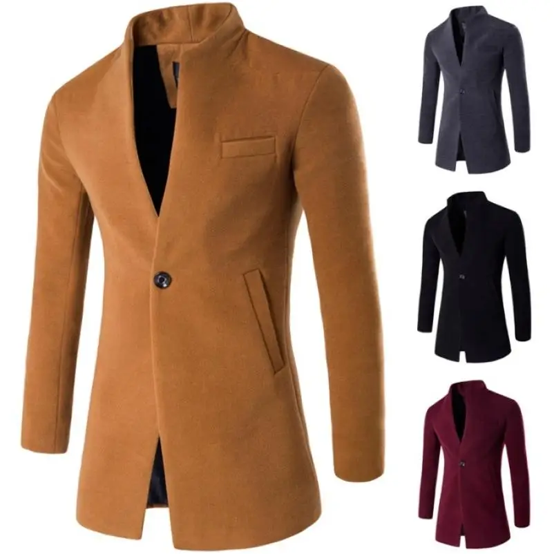 

Casual One-Button Men's Coat Large Size Pure Color Woolen Material European Size Faionable Urban Sle Geometric Pattern