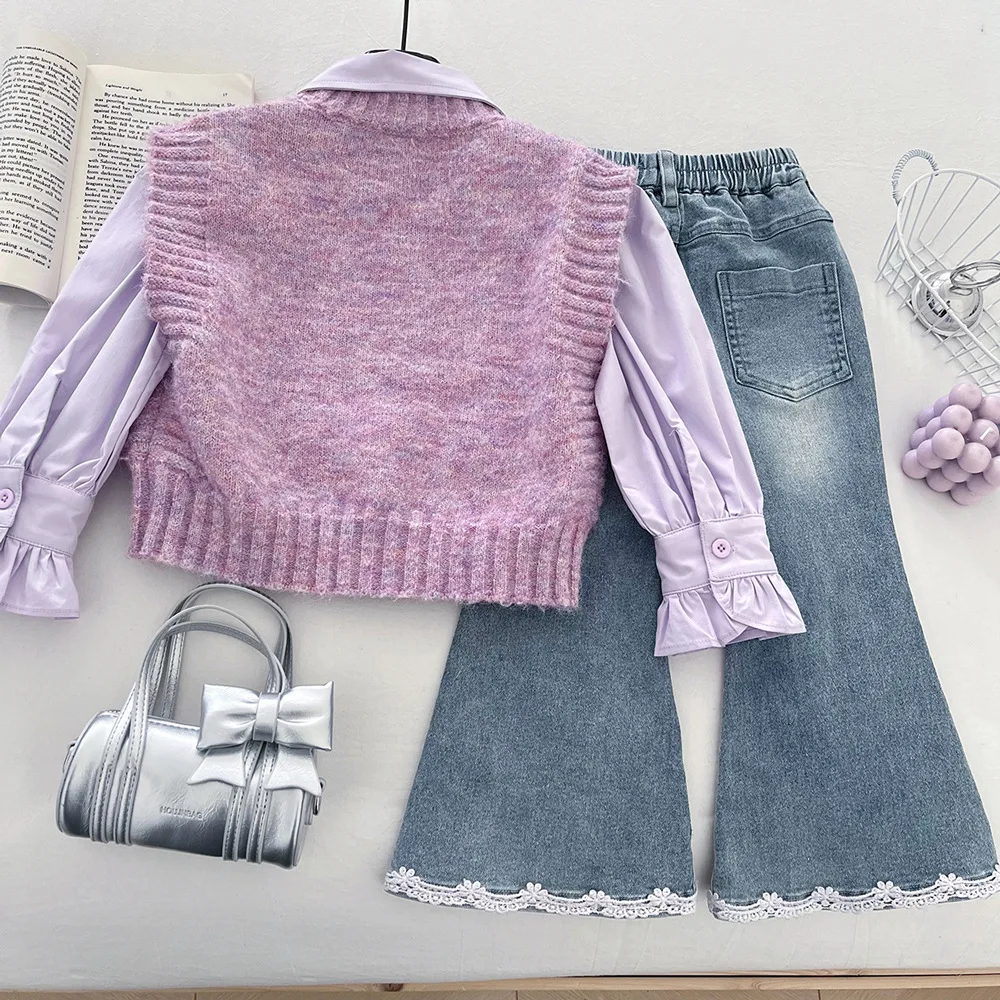 

Girls' Flower Knitted Vest Cotton Shirt Jeans Three Piece Set, Spring and Autumn New Style Flared Pants Set