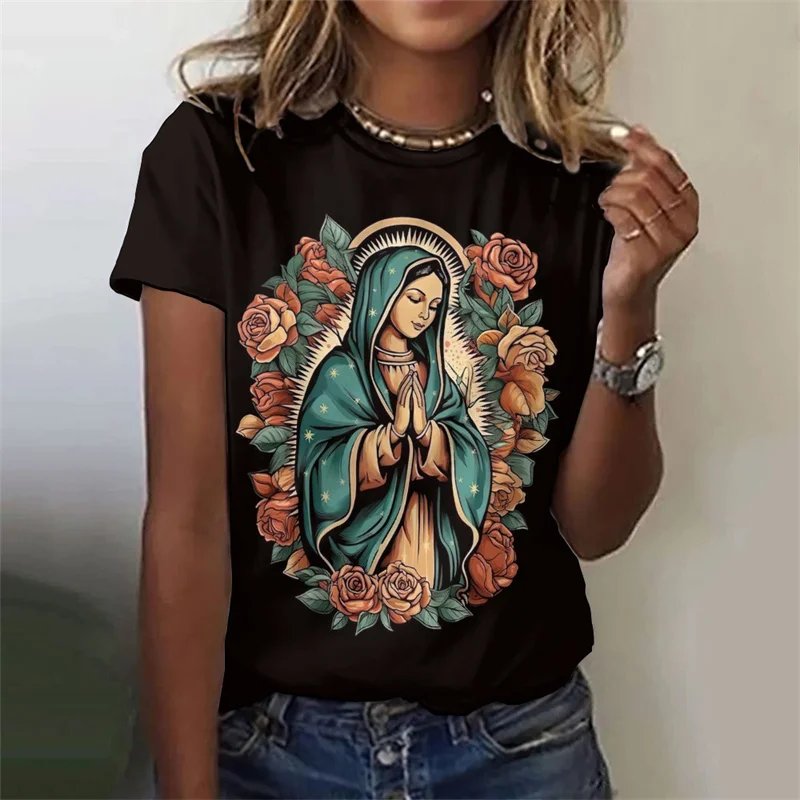 Virgin Mary Pattern T-Shirt For Women Sacred Christianity 3D Print T Shirts Summer Fashion Street Tees Short Sleeves O-Neck Tops