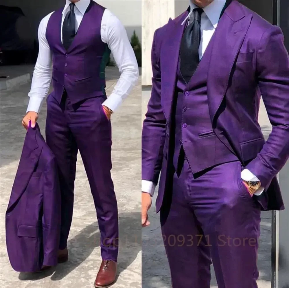 

Purple 3 Piece Set 2024 Men Business Suits Groom Groomsman 3 Pieces Wedding Party Formal Occasions Tuxedo Jacket Vest Pants