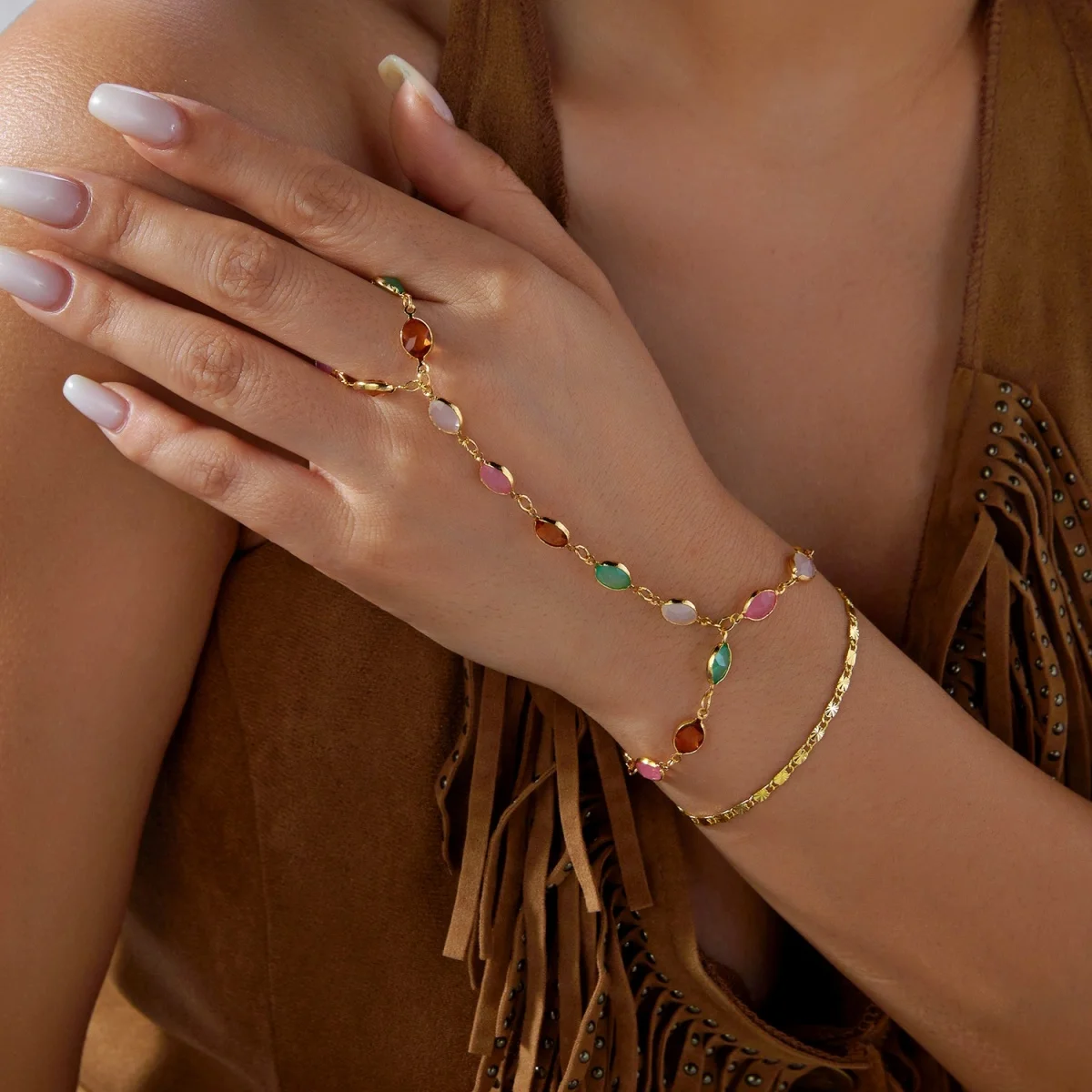 Buntes ovales Harz-Splice-Y-Drop-Halsketten- und Fingerarmband-Set für Frauen, eleganter Vintage-Geometrischer Langer Quasten-Choker-Schmuck – Detail 26