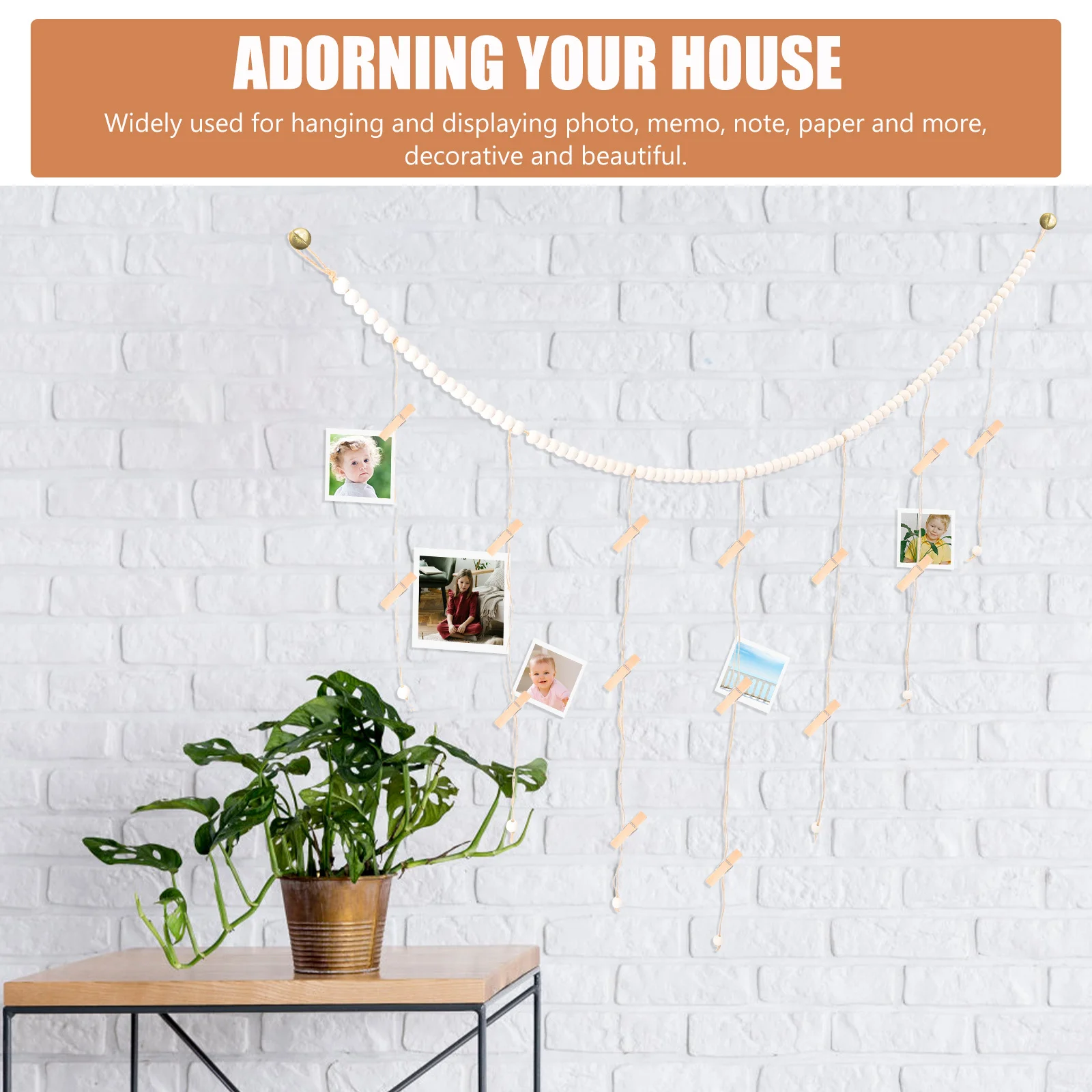 Photo Display with Clips Wooden Beads Garland Wall Hanging Picture Holder for Cards Notes Postcards Home Decor Romantic Design