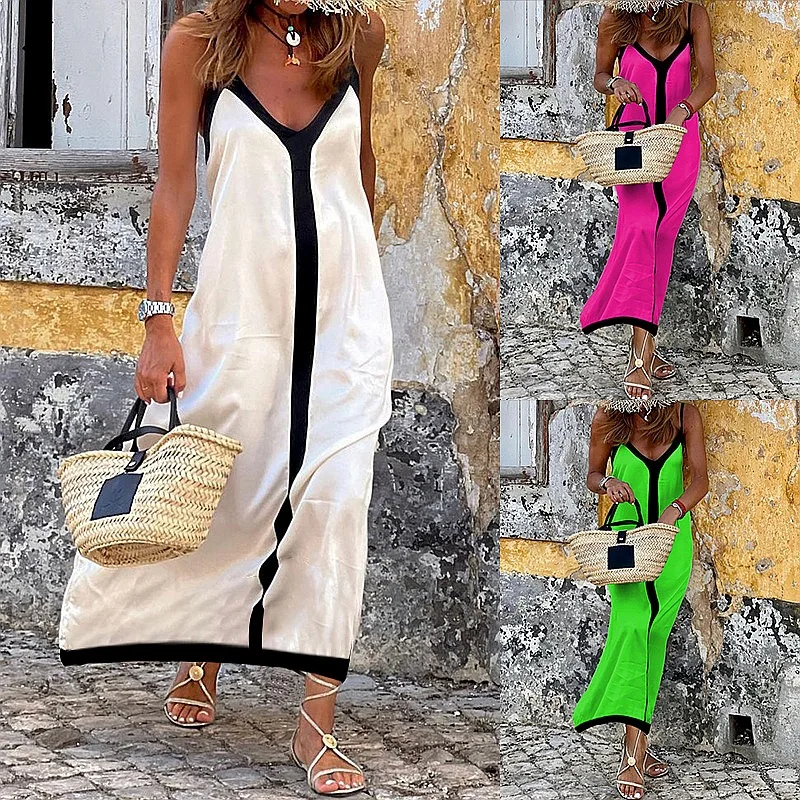 Women's Two-Tone Adjustable Spaghetti Strap Midi Dress Summer Vacation A-Line Dresses with Sequins