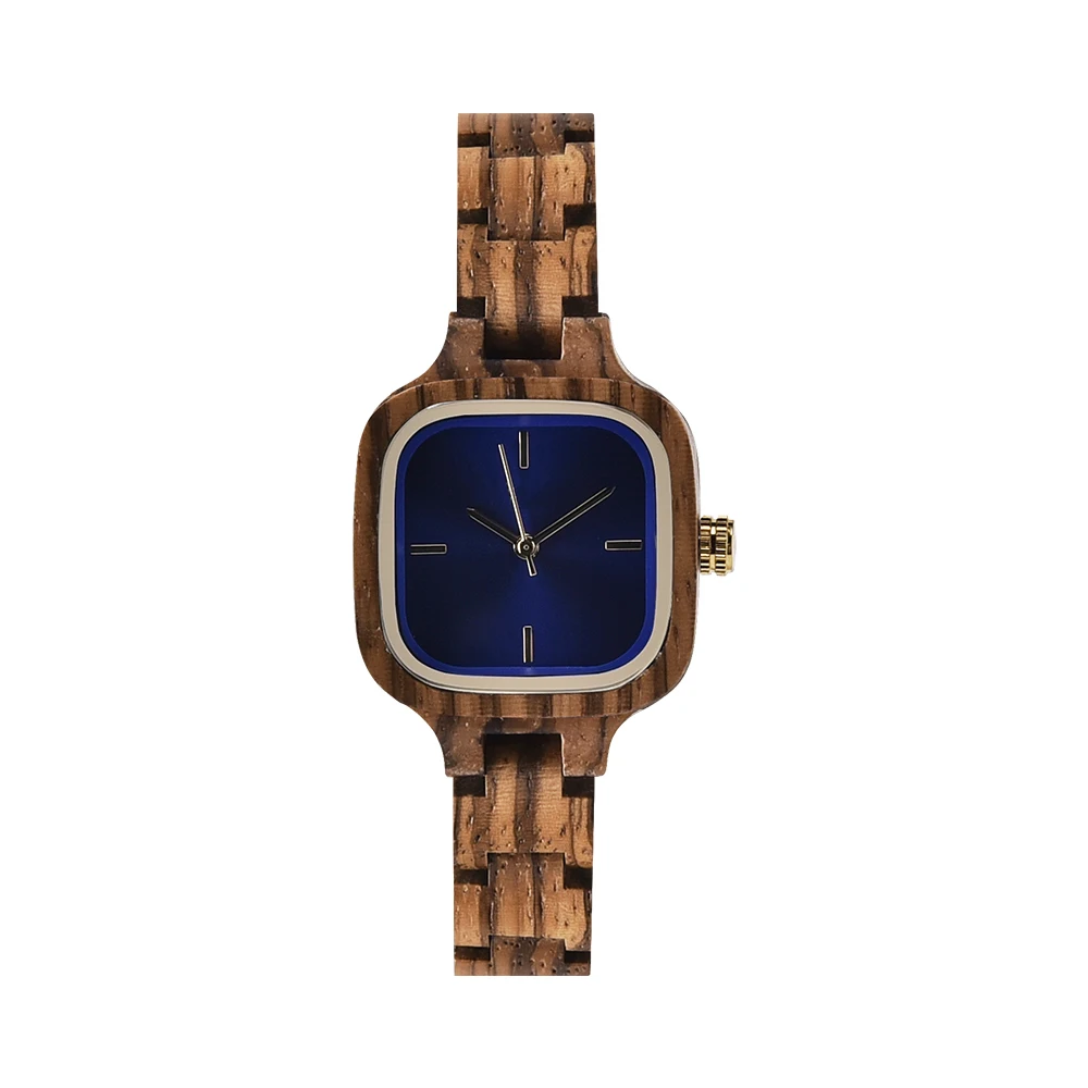 Ladies Fashion Wristwatch Natural Wood Material Square Case Bright Night Glow Sapphire Inlay Wooden Watch