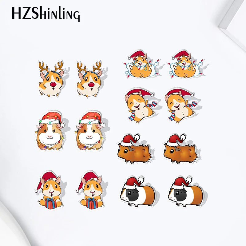 2023 Merry Christmas Style Guinea Pigs Acrylic Resin Stud Earrings Epoxy Handmade Jewelry Gifts Friends