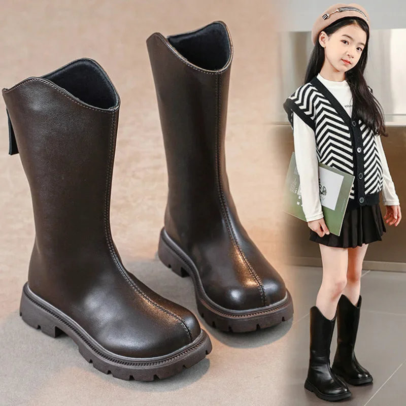 Girls High Boots with British Style Toddler Kids Princess Leather Boots Solid Color Versatile 2024 Children Long Boots Mid-calf