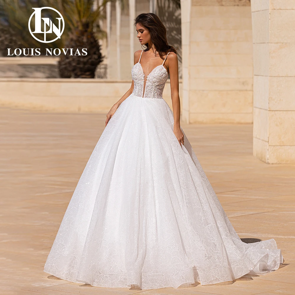 

LOUIS NOVIAS Lace Wedding Dress Sexy Spaghetti Straps Deep V-neck Bridal Gown Sequined Embroidery A-Line Bride Vestidos De Novia