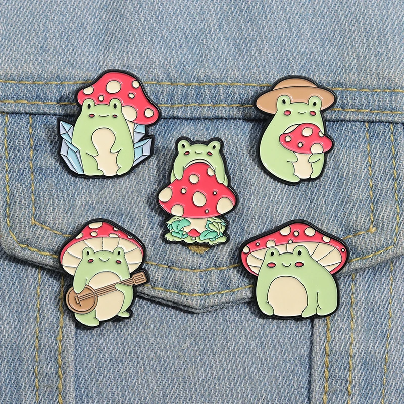 Mushroom Frog Cartoon Enamel Pin Cute Animal Froggy Lapel Pin Brooch Backpack Jewelry Pin Clothes Collar Badge for Friends Gift