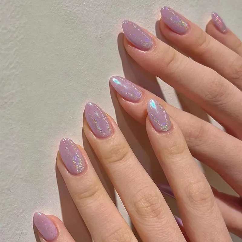 Faux Ongles Violets à Paillettes N64.Oval Amande Courts et Moyens, à Pression, avec Colle, à Coller, 24 Pièces, Été, Bon Marché