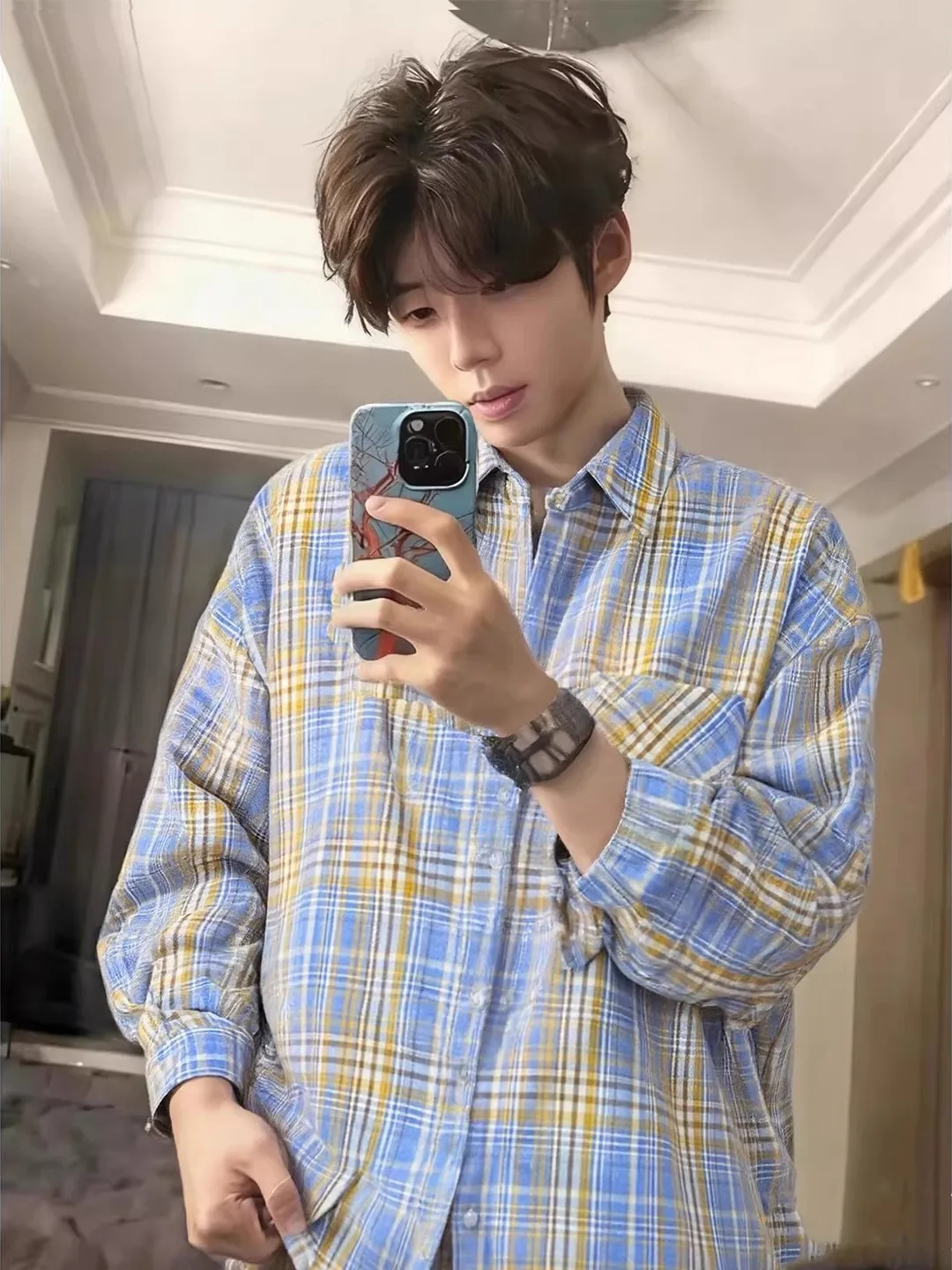

Lazy Sle Yellow Blue Plaid Long Sve irt Men's Spring Autumn American Sle Cleanfit Cardigan Coat Retro Sle Button up
