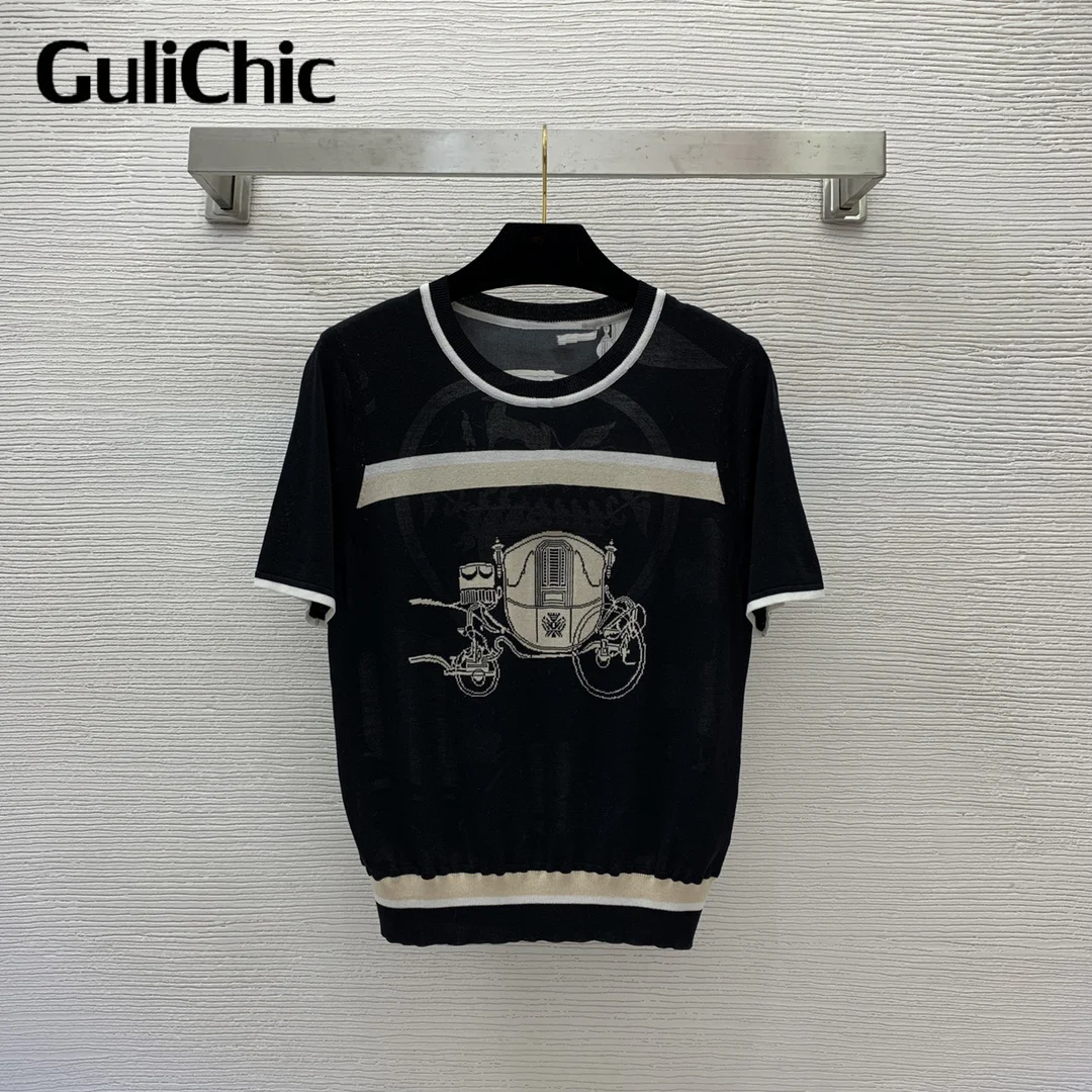 9.19 GuliChic 2023 new fashion brand tee 100% silk knitting knitted horse royal print casual T shirts tops designer for women