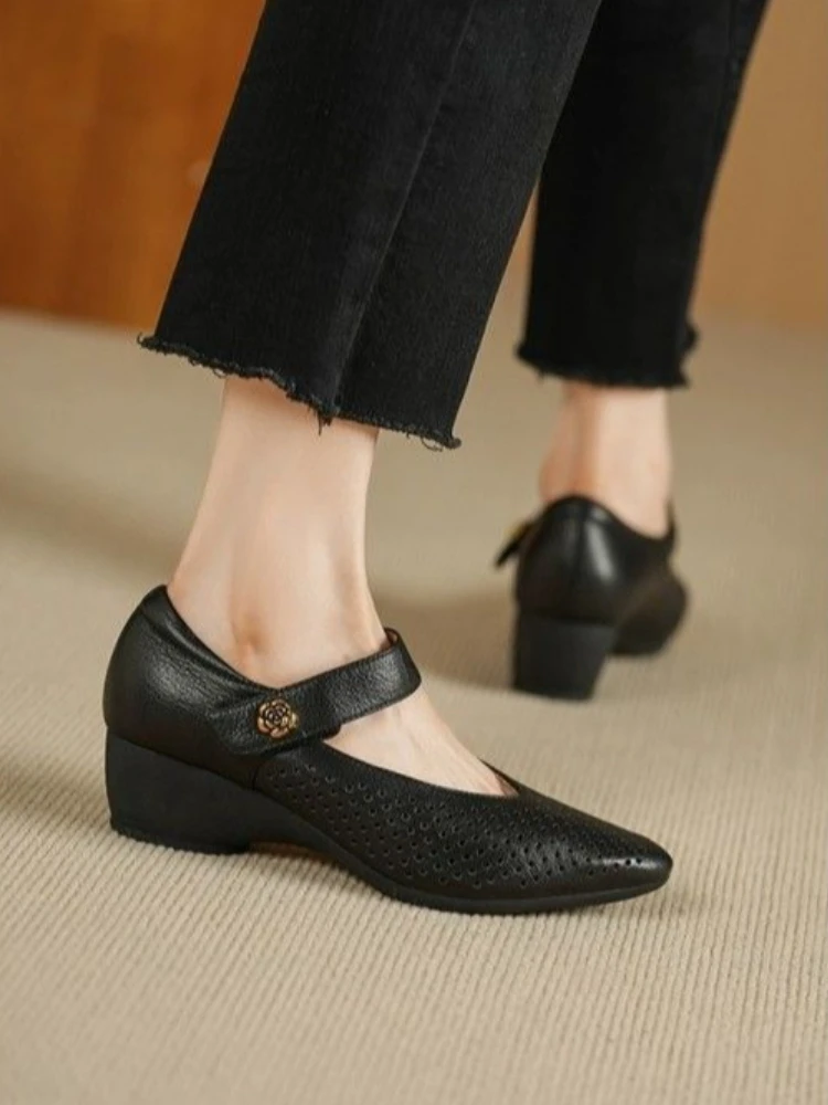 

Women's Comfortable Soft Sole Mary Jane Shoes Mid Heel Wedge 2026 Summer Retro Hollow Out Breathable Fashion