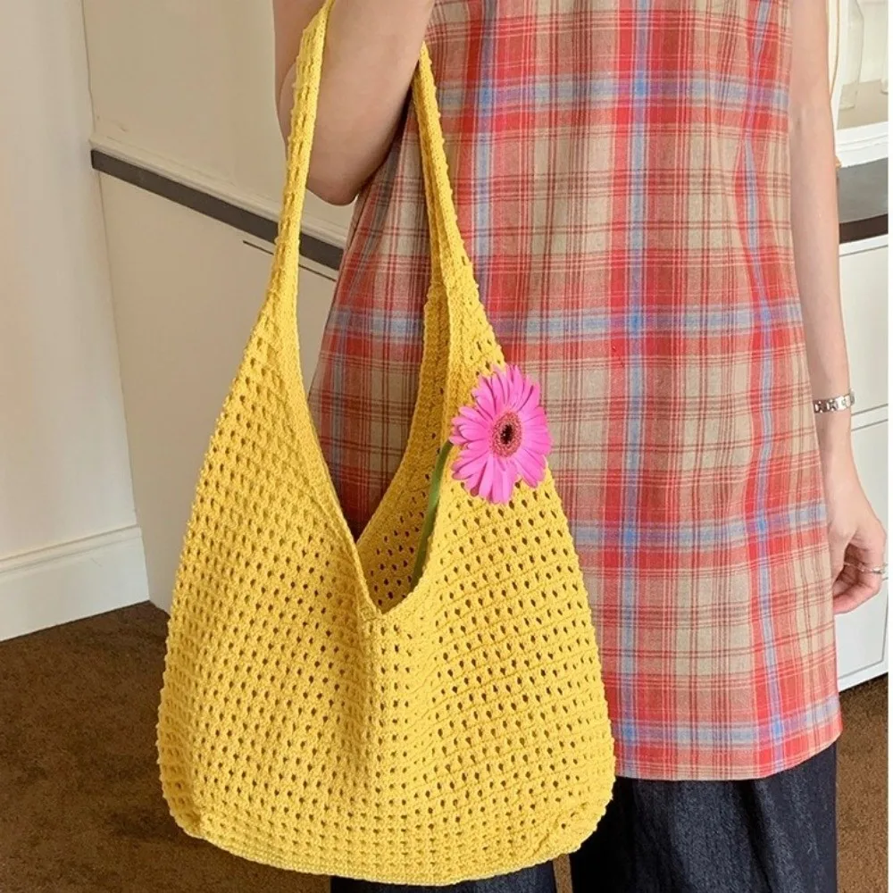 

Solid Color Knitted Shoulder Bag Large Capacity Bohemian Style Crochet Mesh Tote Bag Spacious Hollow Out Woven Handbag Shopping