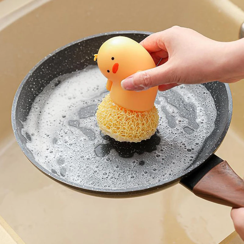 Kitchen Cleaning Pot Brush Cartoon Eggshell Ball Brush With Handle Dishcloth Doesn't Hurt Pots Removable Replacement Brush