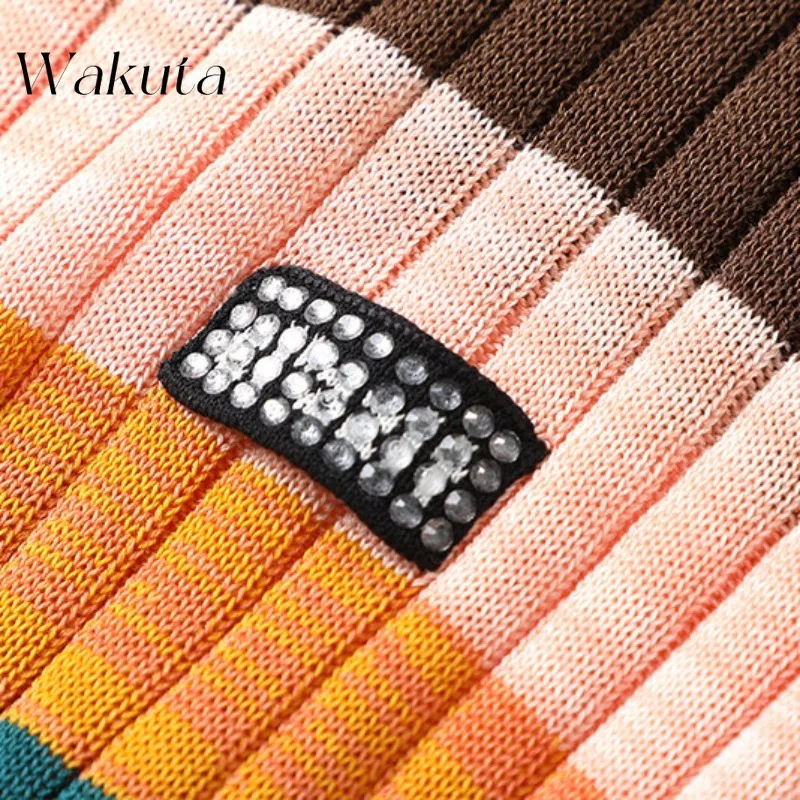 WAKUTA Vintage Fall O Neck Long Sleeve Striped Top Chic Dopamine Wear Stamped Rhinestone Embellished Tanks Street Style Cardigan