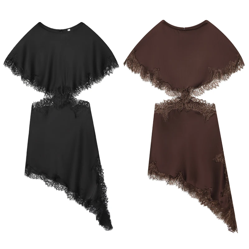 HXAO Lace Asymmetric Dress Women 2026 Sexy Mini Satin Batwing Sleeve Dress Luxury Women's Elegant Party Dress Hollow Out Vestido