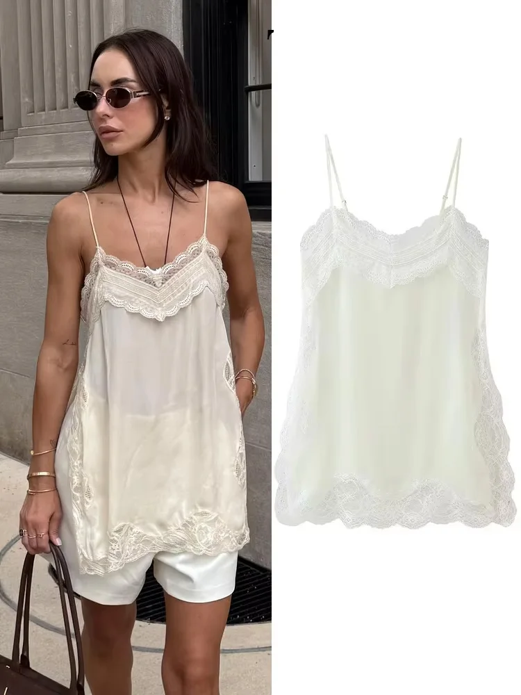 

HH Female 2025 Summer Fashion V-neck Lace Spliced Split Sling Top Women Chic Sexy Backless Party Style Casual Camisole Top
