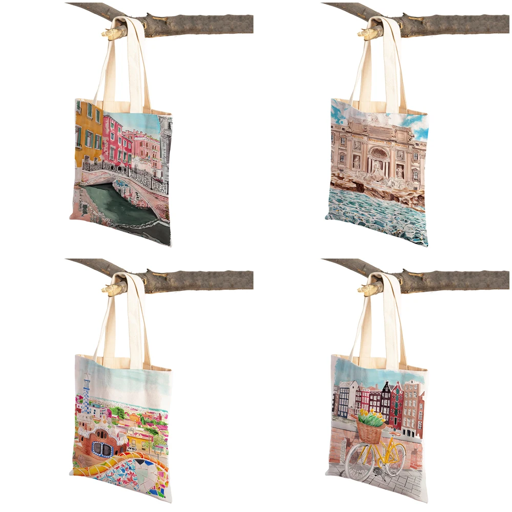 London Spain Italy Barcelona Paris France City Lady Shopper Bag Double Print Handbag Fashion Casual Women Shopping Shoulder Bags