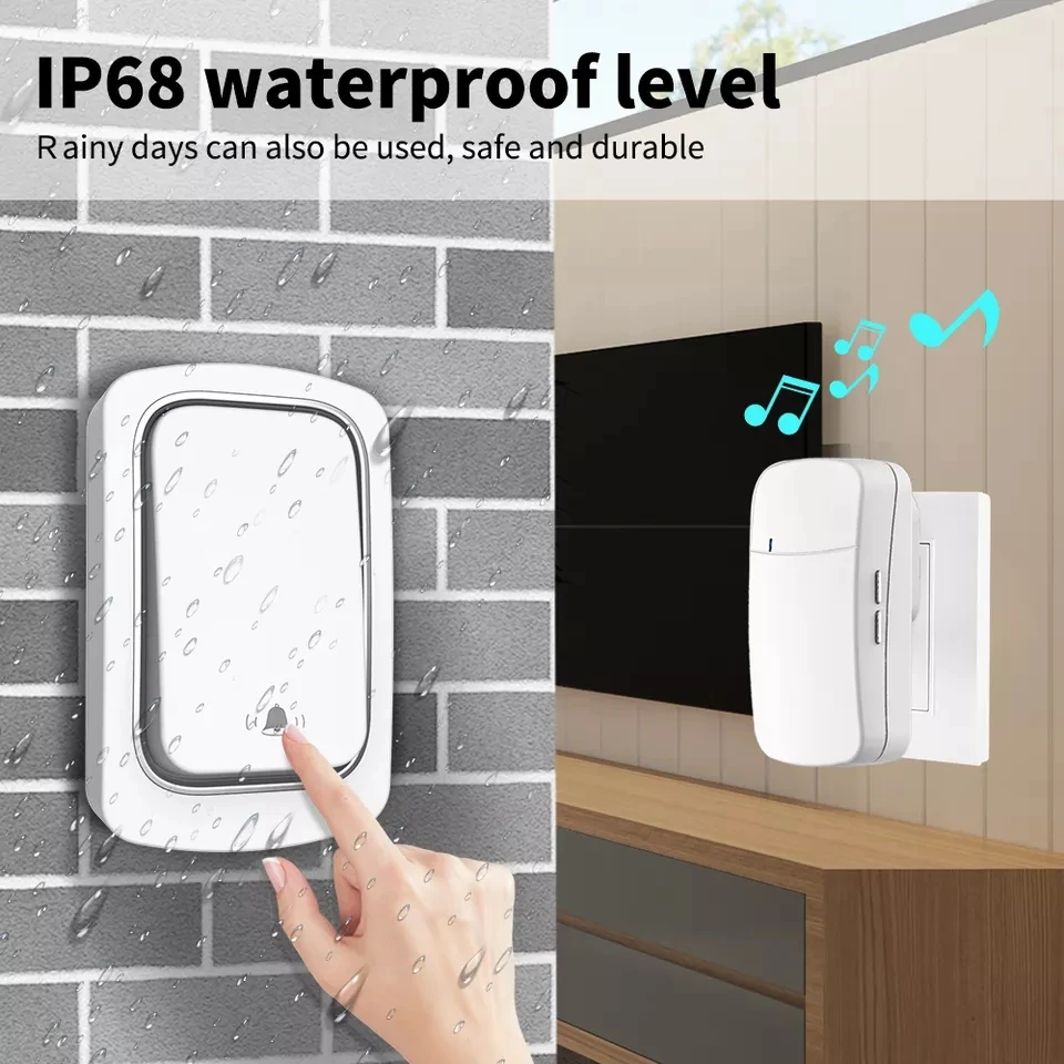

Батарея не требуется. Современный IP44. Водонепроницаемый дверной звонок переменного тока. Высокообъемный электронный автономный беспроводной квартирный звонок длиной 150 м.