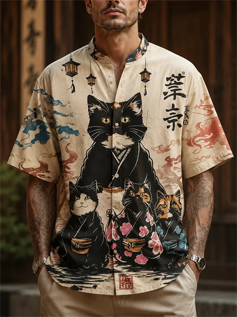 New men's beige background tiger auspicious cloud peony contrasting printed short sleeved shirt clothing