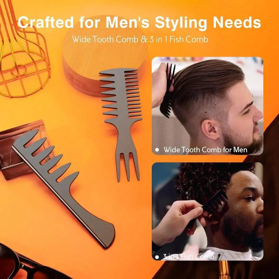 

Mens Styling Comb Set: Wide Tooth, Medium Tooth, Detangling, 3 In 1 Fish Comb