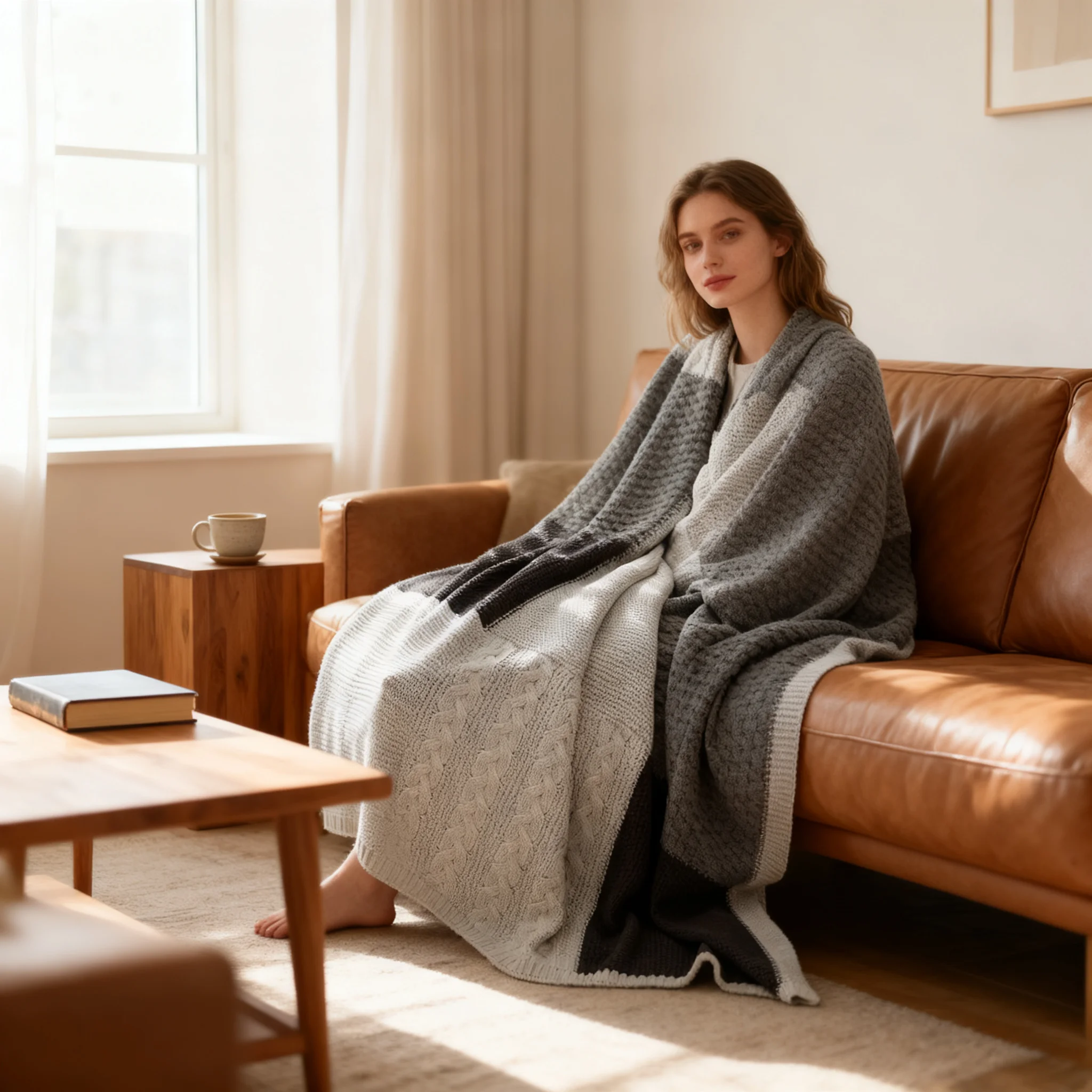 

Nordic Knitted Yarn Throw Blanket, Gray Jacquard Sofa Cover Blanket for Air Conditioning, Home Decor
