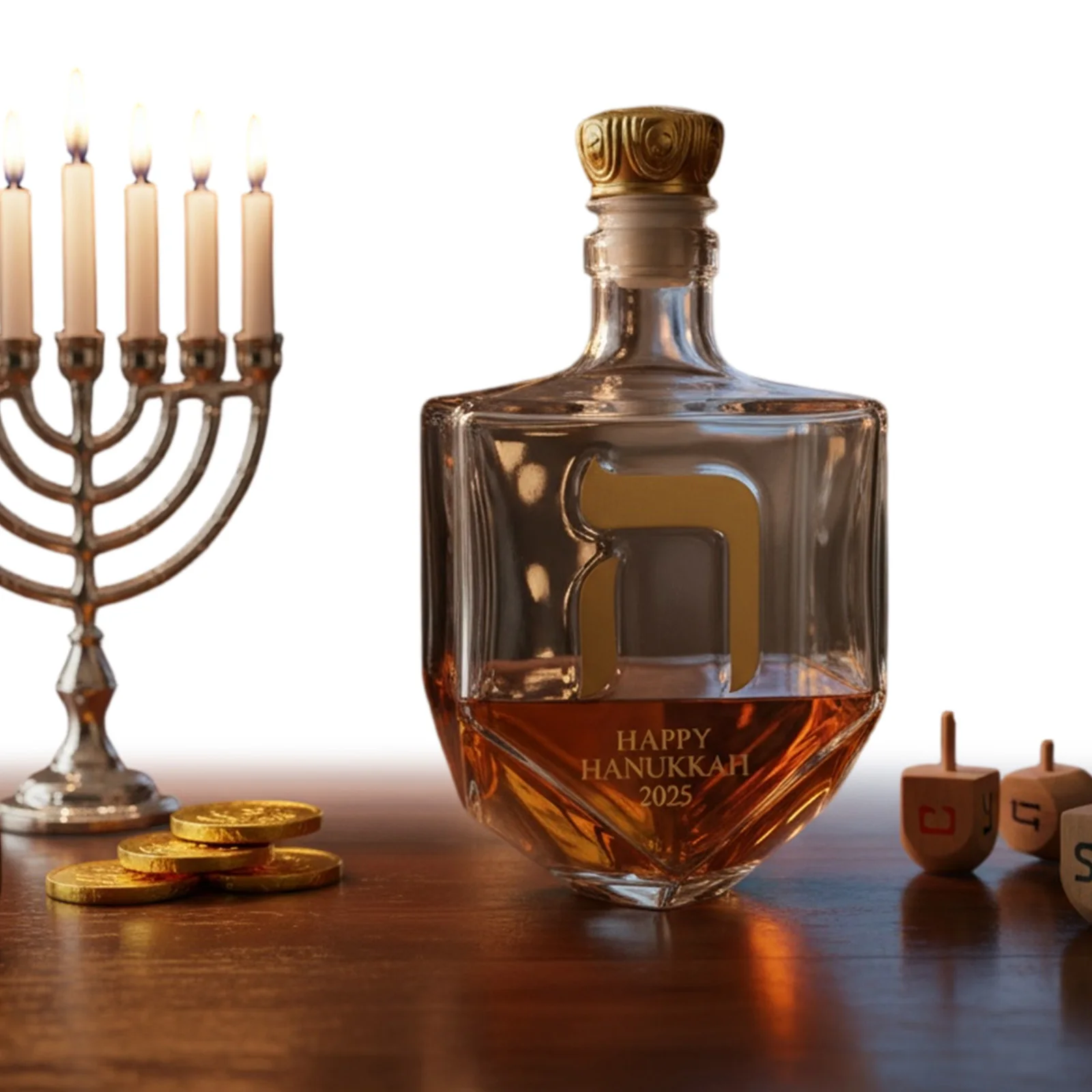 

Hanukkah Whiskey Bottle w/Golden Hebrew Letters Judaica Glass Crown Cap Liquor Decanter For Home Bar Display & Collectible Gifts