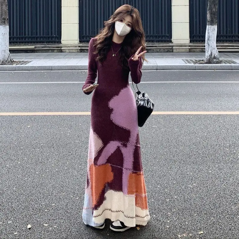 الملابس النسائية الراقية تحسس الموضة ورقيقة نمط الألوان المتناقضة لينة شمعي الموهير محبوك فستان سترة فستان طويل #1