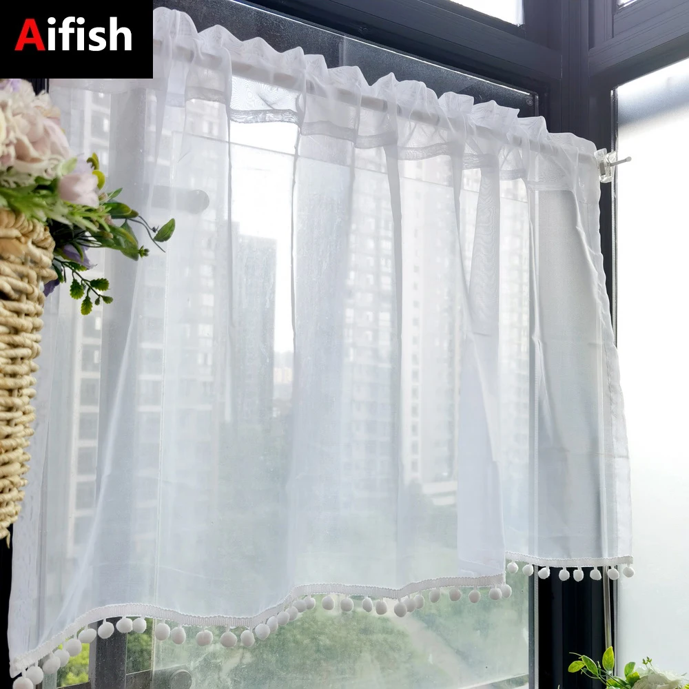 White Pastoral Half Blackout Short Tulle Curtains Lace Tassels Kitchen Bedroom Living Room Window Valance Sheer Curtains Panel