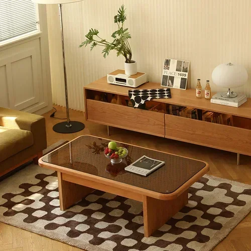 A Cherry Wood Japanese Style Log Coffee Table Gray Glass Nordic Modern Simple Short Table ss 8617