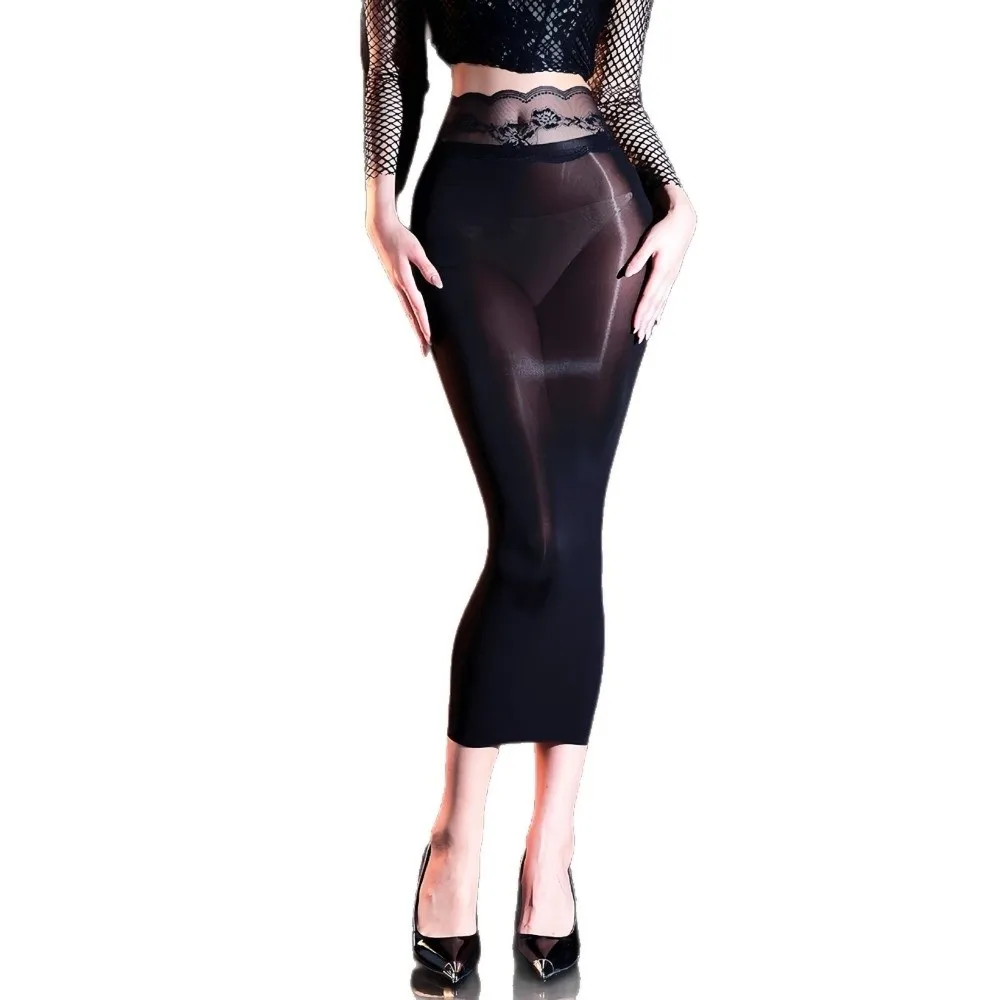 5D Ultrathin Hip Pencil Skirts Elastic Lift Butt High Lace Waist Bodycon Dresses Oil Glossy Shiny Sheer Package Hip Dresses