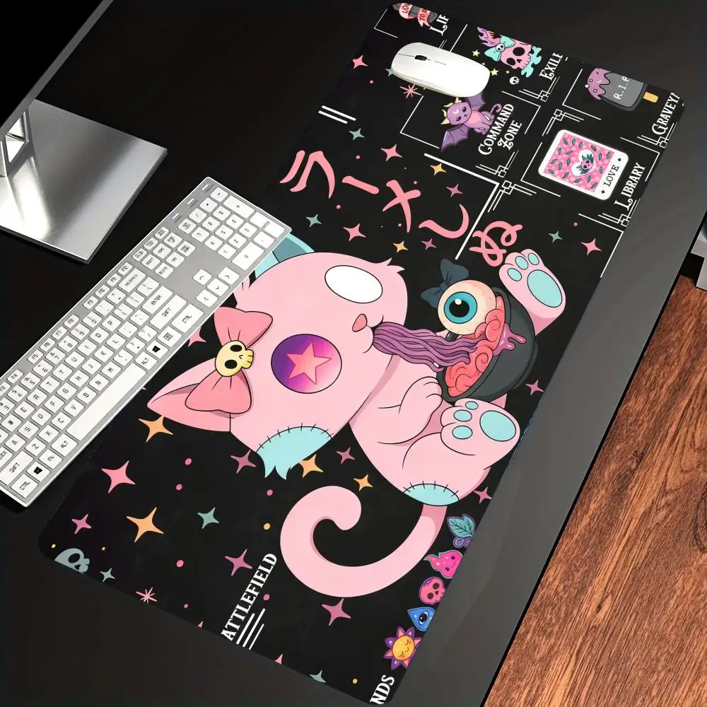 

HYBXAXC Pastel Goth Cat TCG Playmat With Zones for MTG Fans Kawaii Ramen Lover Creepy Cute Anime Desk Mat Noodle Illustration