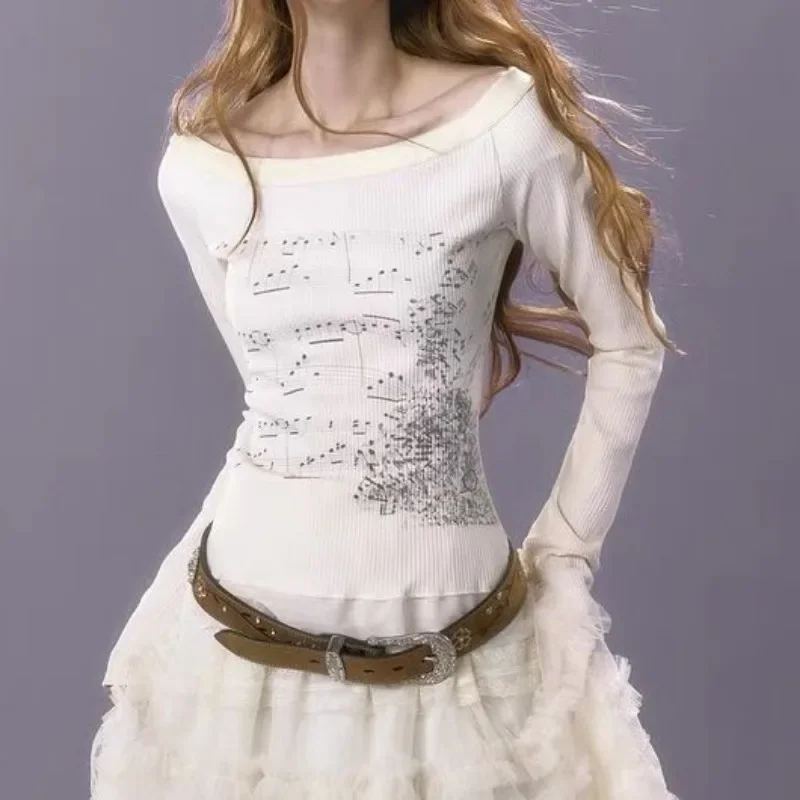 

Women Melody Sheet Music Tops Vintage O-neck Lace Patchwork Aesthetic Tees Slim Print Long Sleeve Graphic T-Shirt