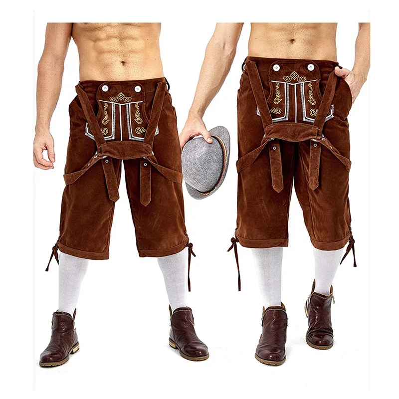 Germany Oktoberfest Costumes Adult Men Traditional Bavarian Beer Shorts Outfit Overalls Shirt Hat Suspenders Set Halloween Cloth