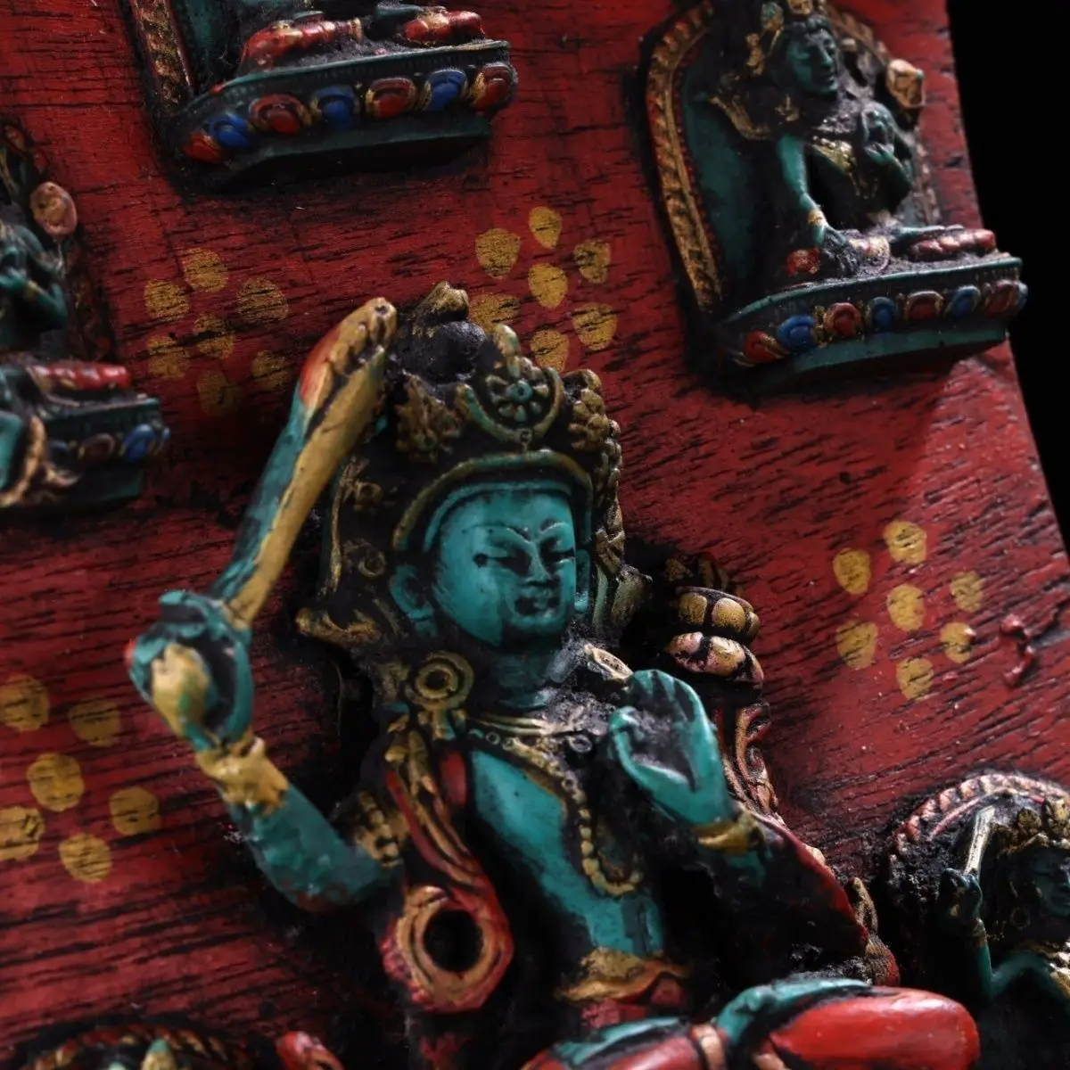 The old collection of Xizang old wood board inlay painted rub Manjushri Bodhisattva Thangka shrine exquisite craftsmanship