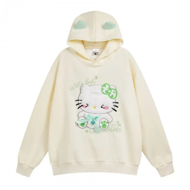 

Hello Kitty Girls Hoodie Sweatshirt Sanrio Spring and Autumn Loose Cotton Embroidered Hooded Sportswear Cartoon Women's Gift