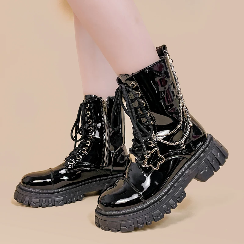 Amy e Michael 2022 New Autumn Black Retro Women Fashion Boots Ladies Mid Calf Platform stivali da combattimento per studenti di ragazze alla moda