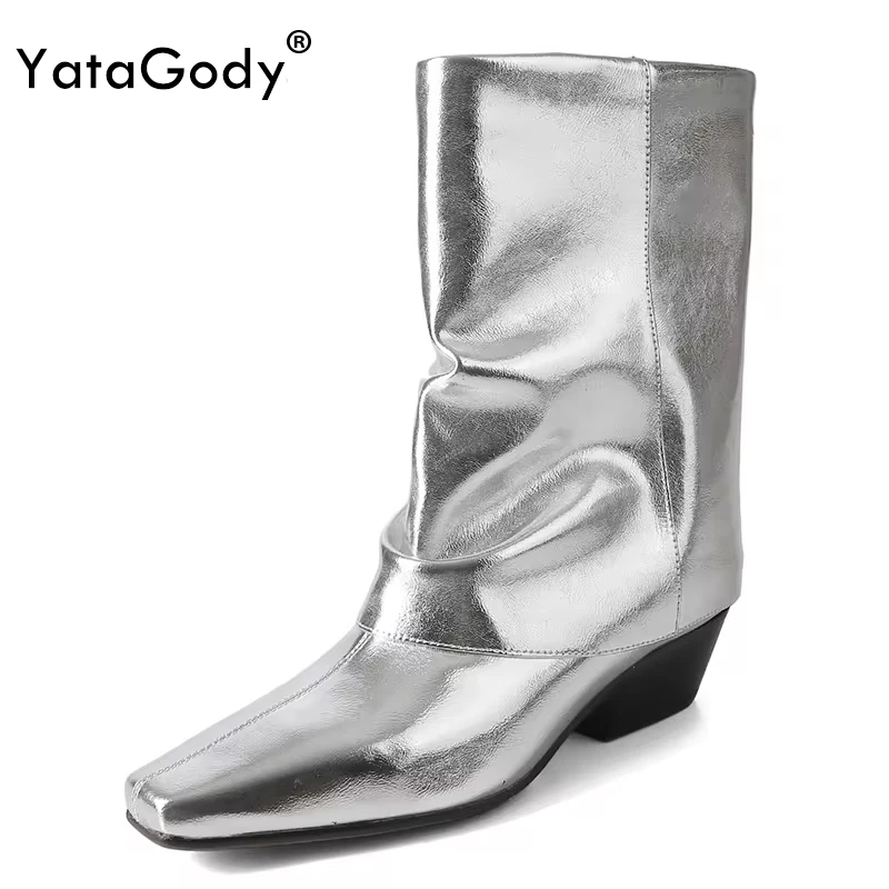 

YATAGODY Size 34-39 Women Fold Over Boots Real Leather Metallic Silver Chunky Heels Shoes Fall Winter Wide Calf Ankle Booties