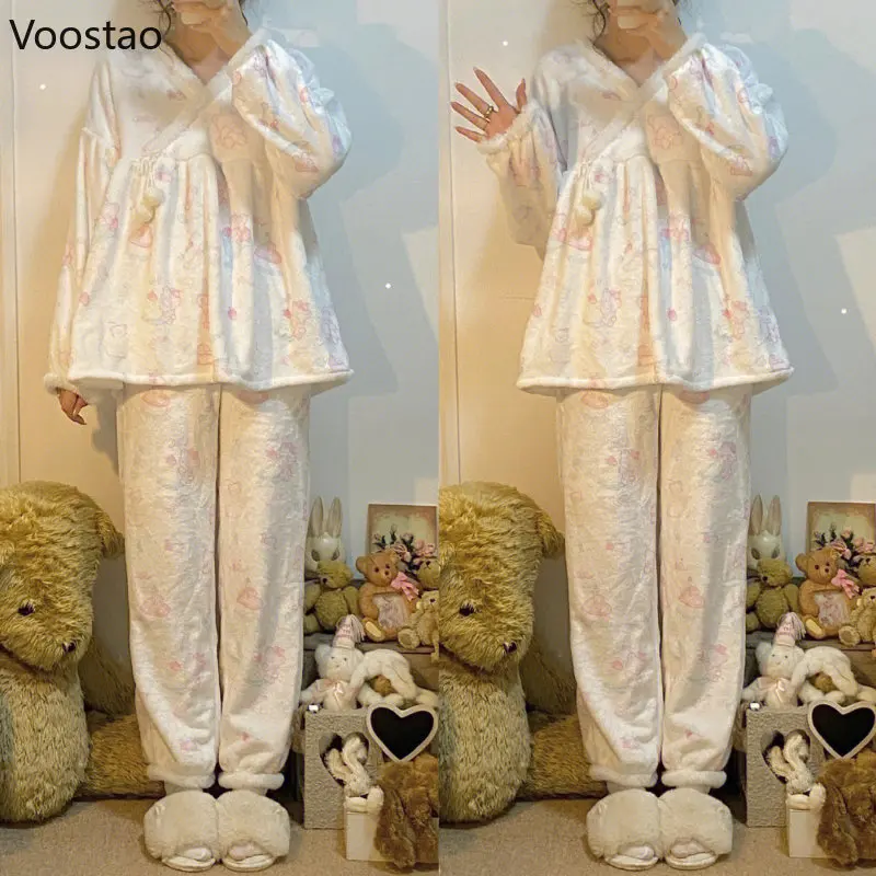 Autumn Winter Sweet Lolita Style Pajama Sets Women Kawaii Cartoon Bear Print Warm Sleepwear Girls Cute Coral Fleece Nightwear