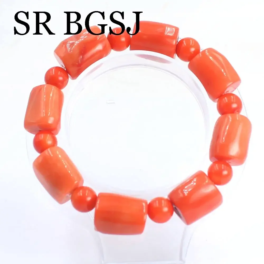 7-9inch 7-8mm 10-14mm Natural Genuine Orange Sea Bamboo Coral Women Men Adjustable Stretchy Bangle Bracelet