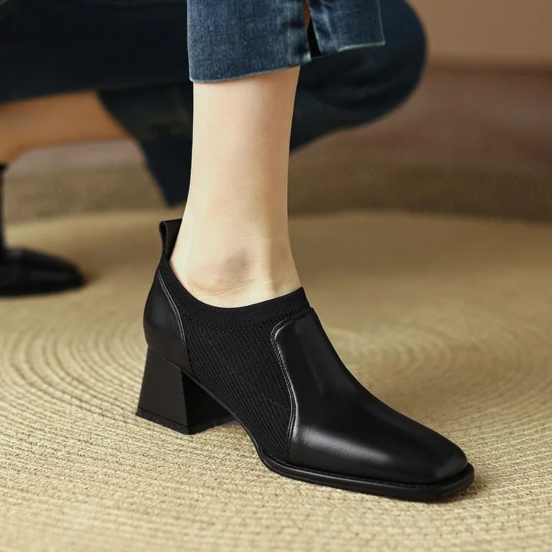 2024 New Thick Heel High Heels Women's Spring and Autumn Naked Boots Brown Knitted British Style Small Leather Shoes