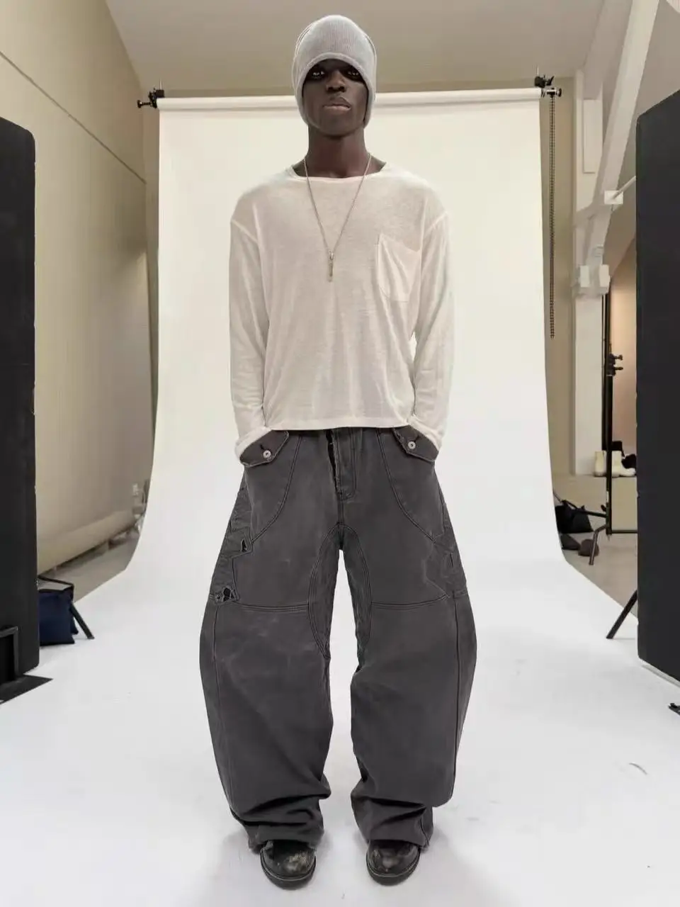 Calças Jeans Unissex No Faith Studios Heavy Duty Washed F8 Patchwork Bordadas Paris Button Baggy Workwear de Cintura Média