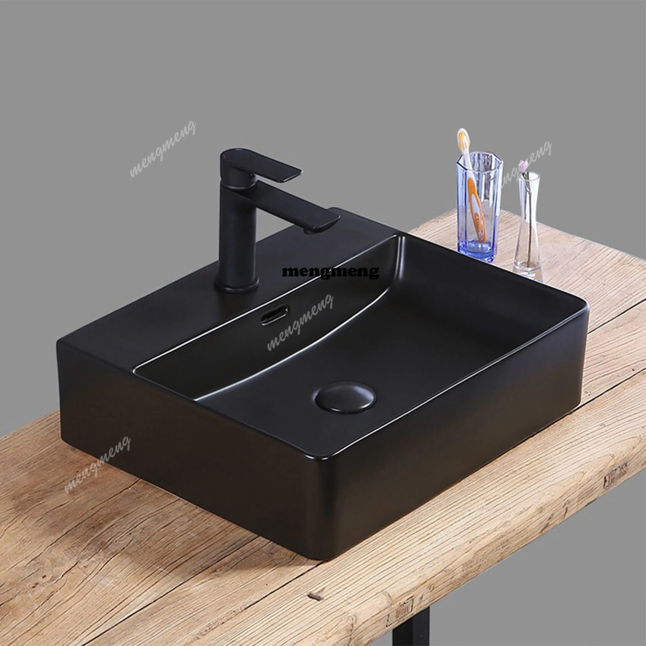 

Nordic Ceramic Black Washbasin Art Basin Rectangular Washbasin Balcony Hand Wash Sink Countertop Sink 420*420*135mm With Drainer